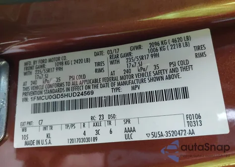 2017 Ford Escape Se z USA, uszkodzony, nr VIN 1FMCU0GD5HUD24569